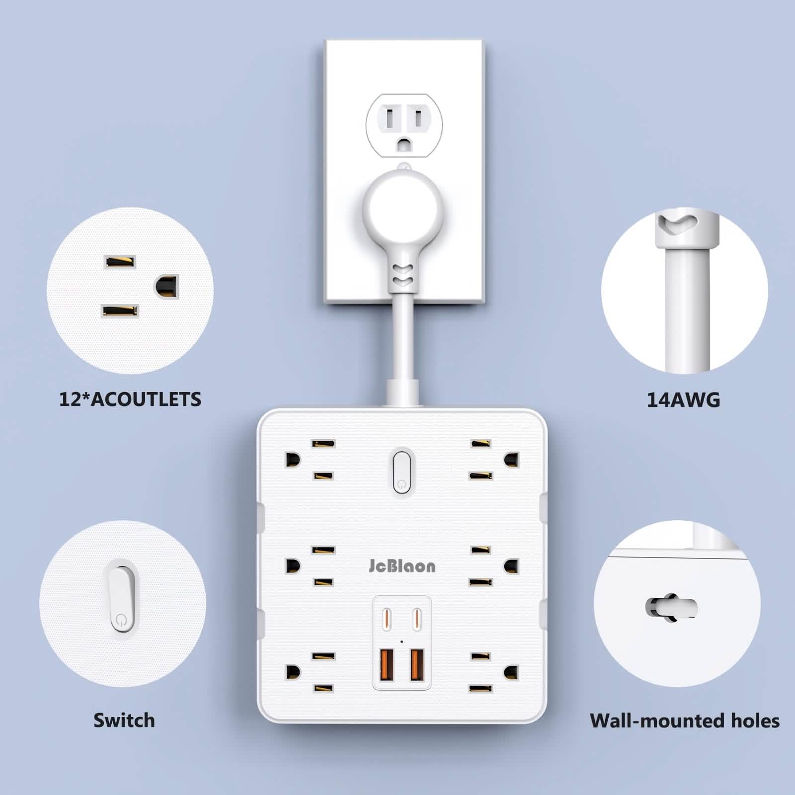 16-in-1 Power Strip – 12 AC Outlets & 4 USB Ports, White